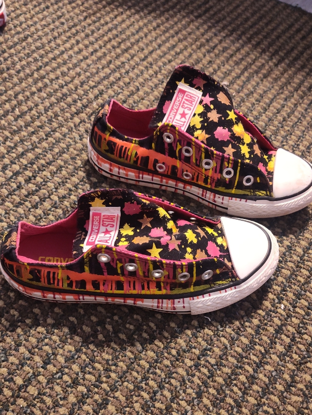Converse Kids Low Top Sneakers - Black with Pink & Yellow Star Splash